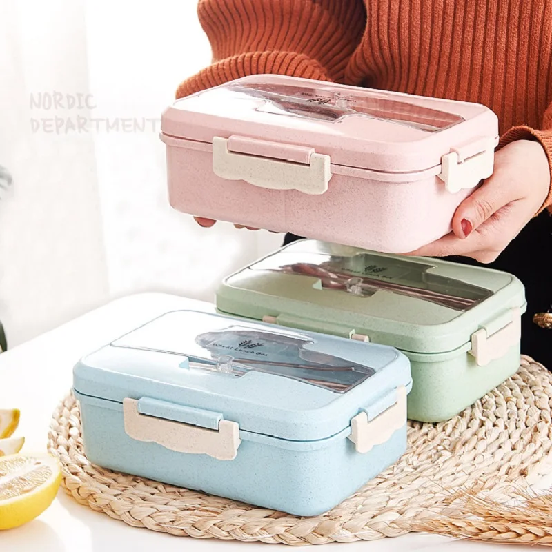 

Student Lunch Box Straw Wheat Dish And Healthy Tableware Food Children Microwave Office Storage Container Portable PGY