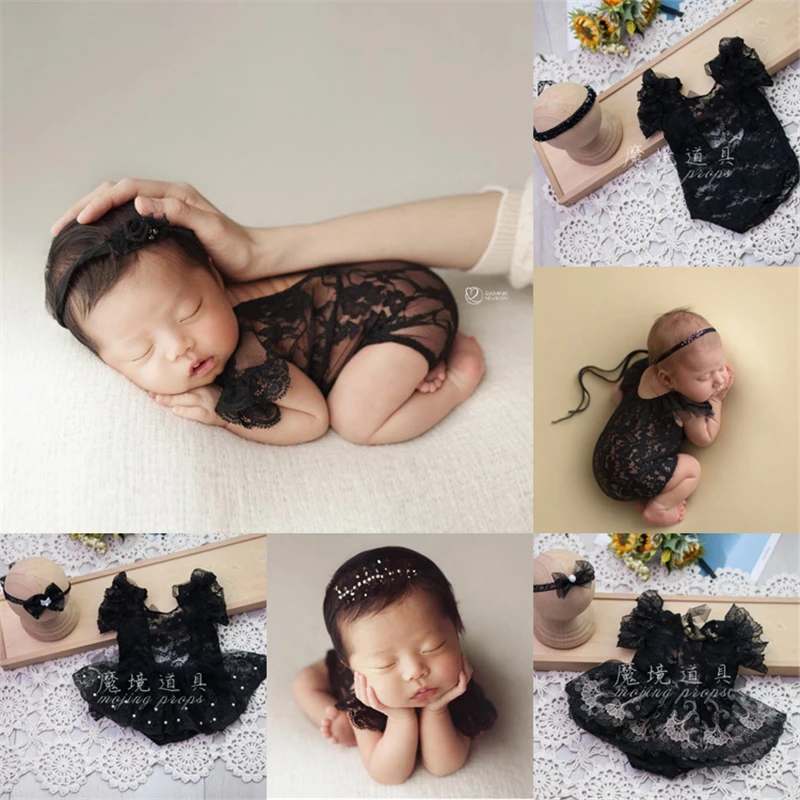 Dvotinst Newborn Baby Girls Photography Props Black Lace Outfits Dress Headband 2-piece Set Fotografia Studio Shoot Photo Props