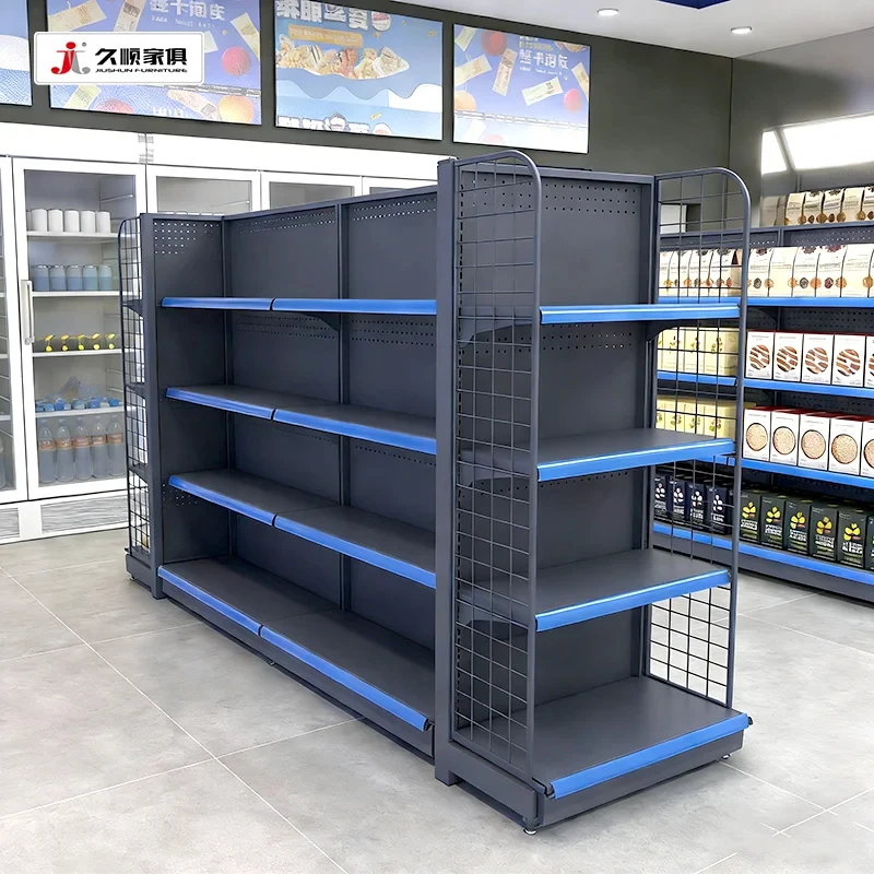 Фото Торговые стеллажи JIUSHUN: двухсторонние легкие гандольные полки для супермаркетов и продуктовых магазинов №2
