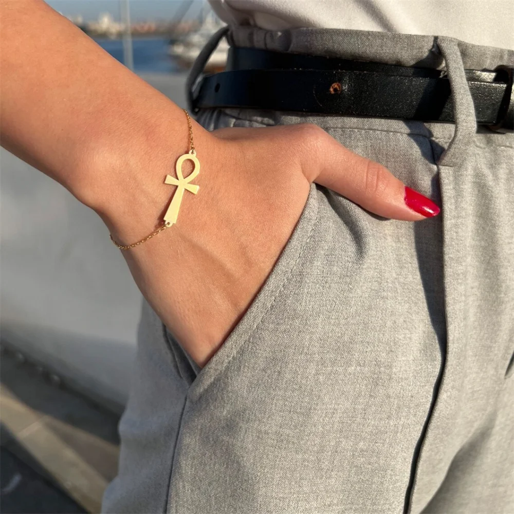 

Minimalist Ancient Egypt Ankh Bracelet for Women Gold Color Stainless Steel Cross Wrist Chain Bangle Vintage Egyptian Jewelry
