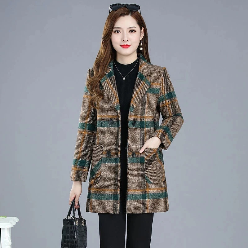

Mother's clothing Suit Plaid Woolen Jacket Autumn Winter Thicken Slim Long-sleeved Outwear Plus size 5xl Women's All-match Coat