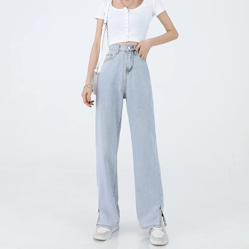 Women'S New High Waist Straight Tube Split Wide Leg Pants Are Thin Loose Floor Dragging Trousers Fashion Cotton Female Jeans