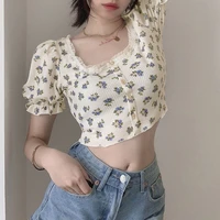 short puff sleeve flower printed lady t shirt o neck skinny crop top summer ol tees all match button vintage womens lace clothe