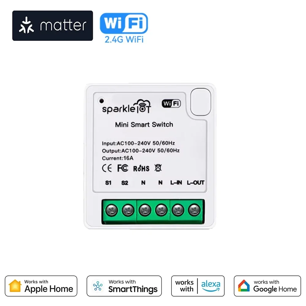 

Умный переключатель Matter 16A, мини-релейный модуль Wi-Fi, беспроводной выключатель света «сделай сам», домашняя автоматизация, работает с Homekit Alexa Google Home