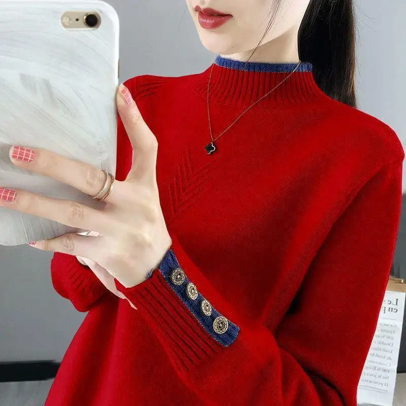 

Autumn Winter Colorful Mori Girl Style Thick Half Height Collar Knitting Pullovers Button Design Multiple Colors Slim Women 3XL