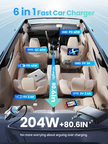 Автомобильное зарядное устройство Joyroom 204 Вт, 6 портов USB C, быстрое автомобильное зарядное устройство Starlink для iPhone 17, 16, 15, 14, iPad MacBook, мини-автомобильный адаптер JR-CCL08