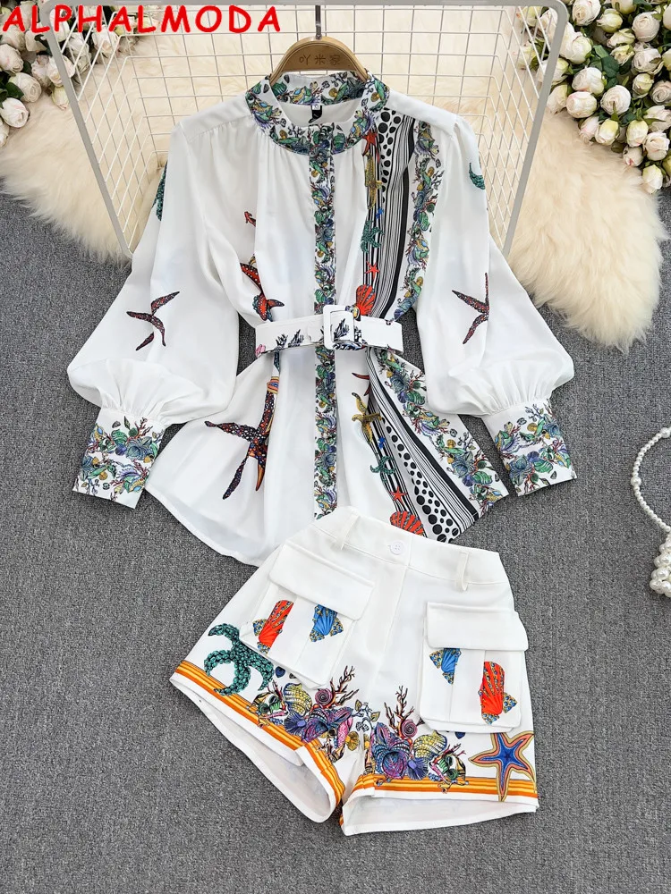 

ALPHALMODA 2022 New Starfish Print Crew Neck Long Sleeve Belted Loose Shirt High Waist Shorts Women Fashion Two Piece Set Outfit