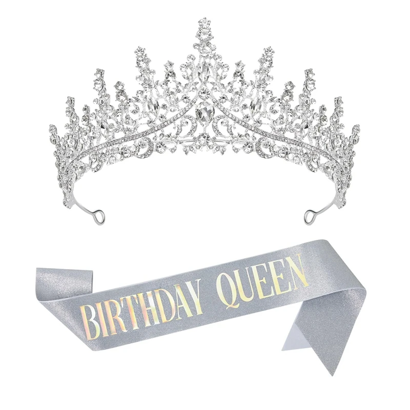 

Birthday Crowns For Women Silver Birthday Queen Sash And Tiara Set Rhinestone Princess Headband Easy To Use For Birth Day Party