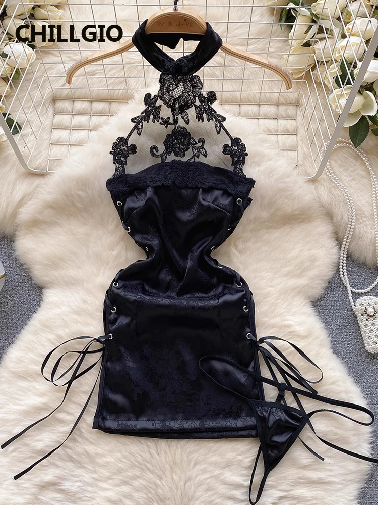 

CHILLGIO Women Satin Lace Patchwork Dress Sexy Erotic Sleepwear Sheer Nightie Bodycon Nightgowns Fashion Halter Pajamas Suits