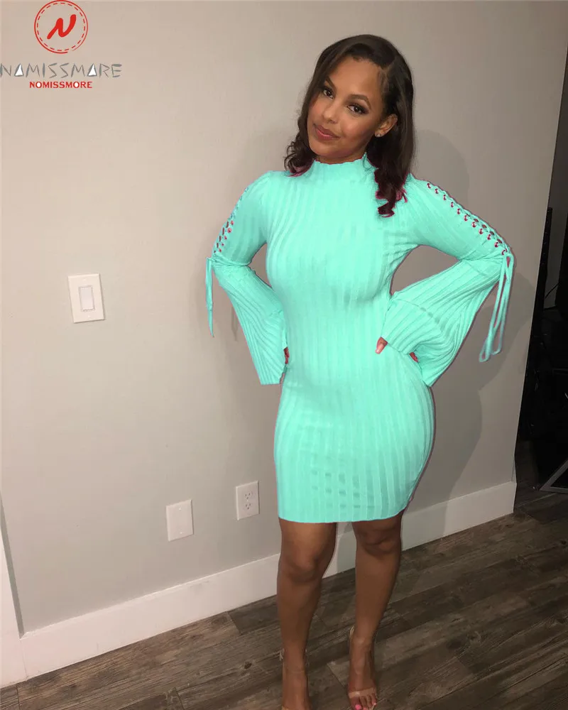 

Fashion Women Solid Color Pencil Dress Corn Design Bandage Decor O-Neck Flare Long Sleeve Mid Waist Slim Hips Mini Dress