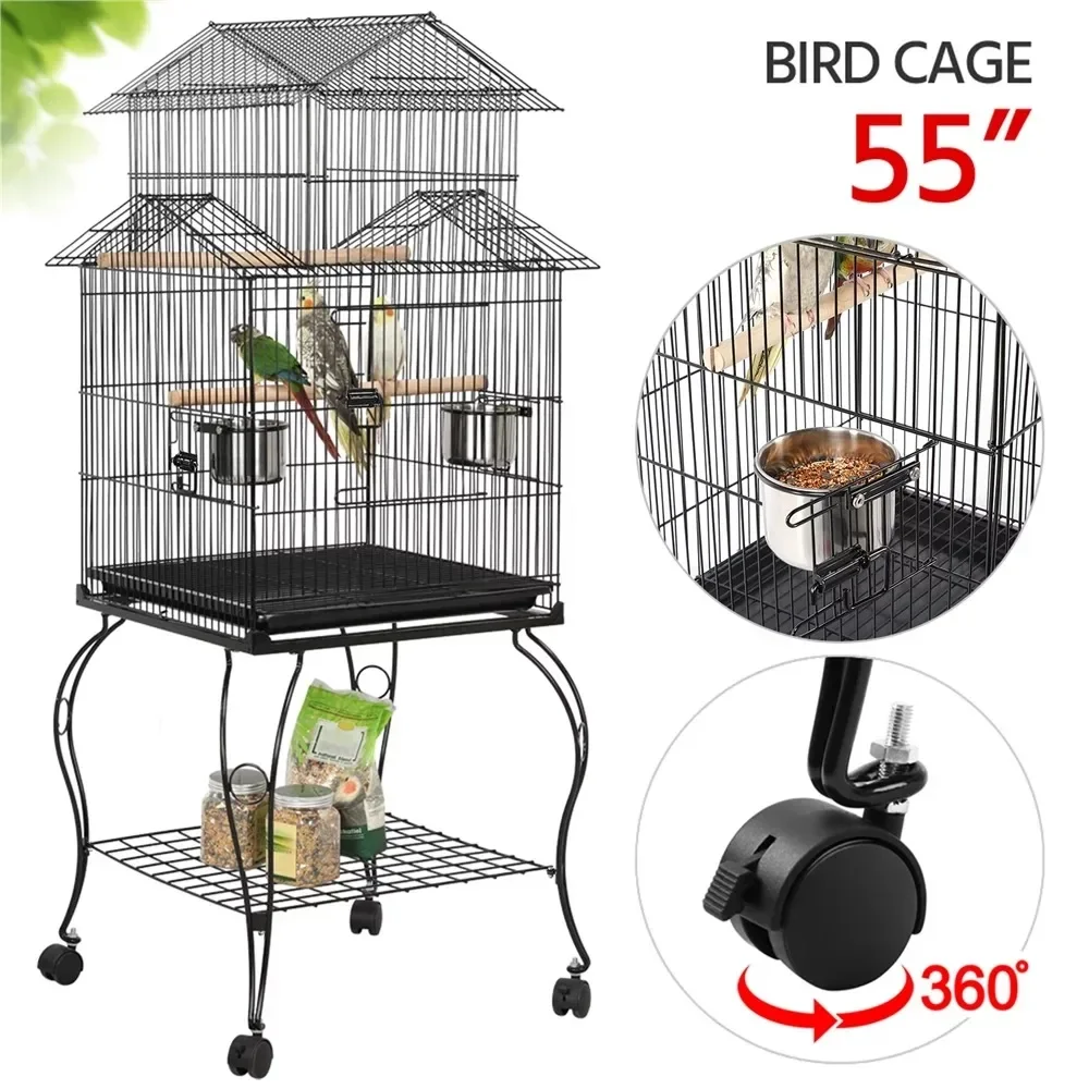 

Large Metal Rolling Bird Cage Parrot Aviary Canary Pet Perch With Stand, Black