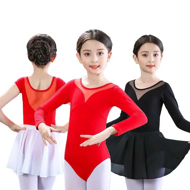 

2020 new Long sleeve children's perspective round neck one piece dance skirt suit practice Dress Ballet Dress