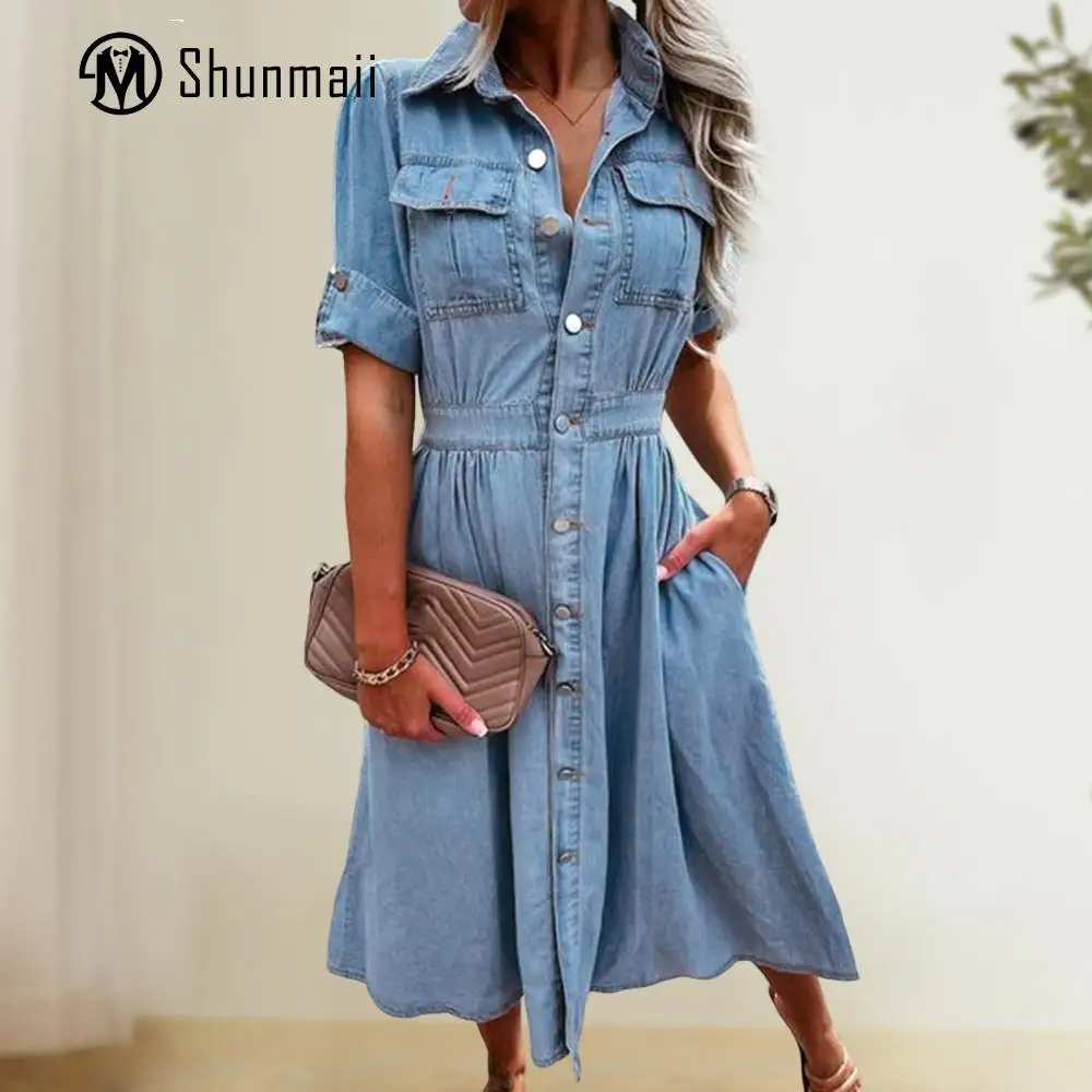 

Lapel Collar Blouse Long Dress Distressed Women Classic Dress with Pockets Vintage Style Maxi Denim Dress V Neck Streetwear Suit
