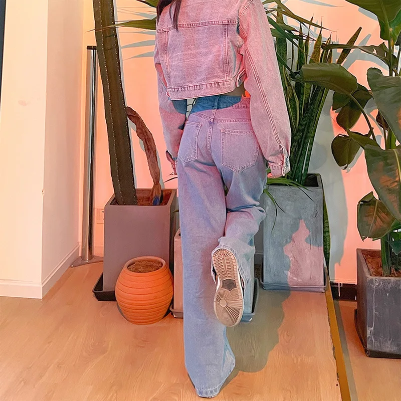 Y2K Harajuku Letter Ripped Trousers Ladies High Waist Solid Color Loose Straight Jeans Pocket Hip-hop Casual Trousers Streetwear