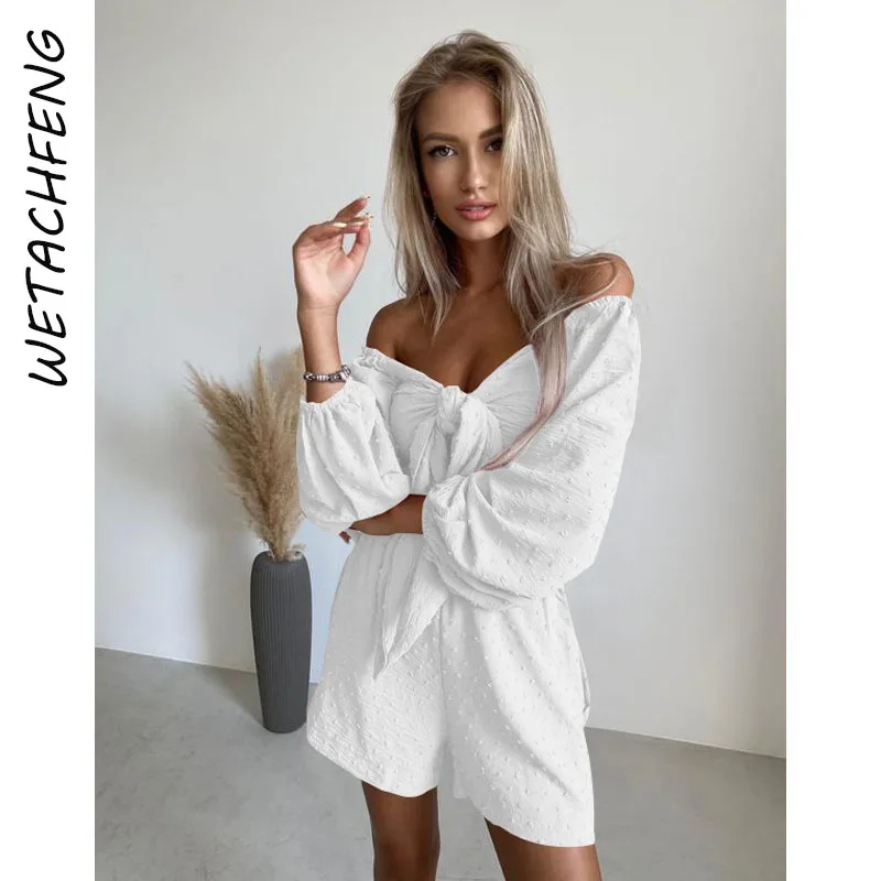 

Sexy White Lace Up Crop Tops And Loose Shorts Two Piece Sets Sweet Summer Elegant Chic Tracksuits Fashion Outfits Women Clothes