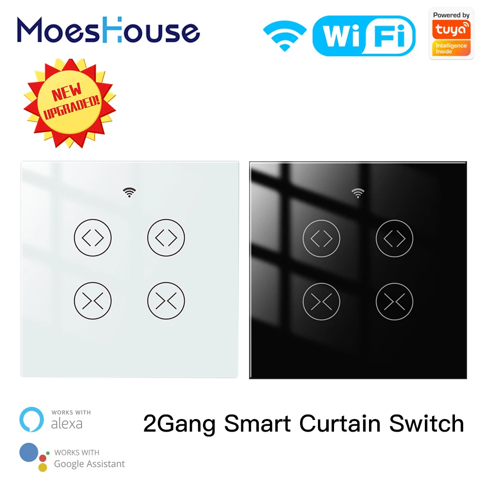

MoesHouse WiFi Smart Life Tuya 2 Gang Double Curtain Blind Switch for Roller Shutter Electric Motor With Google Home Alexa Voice
