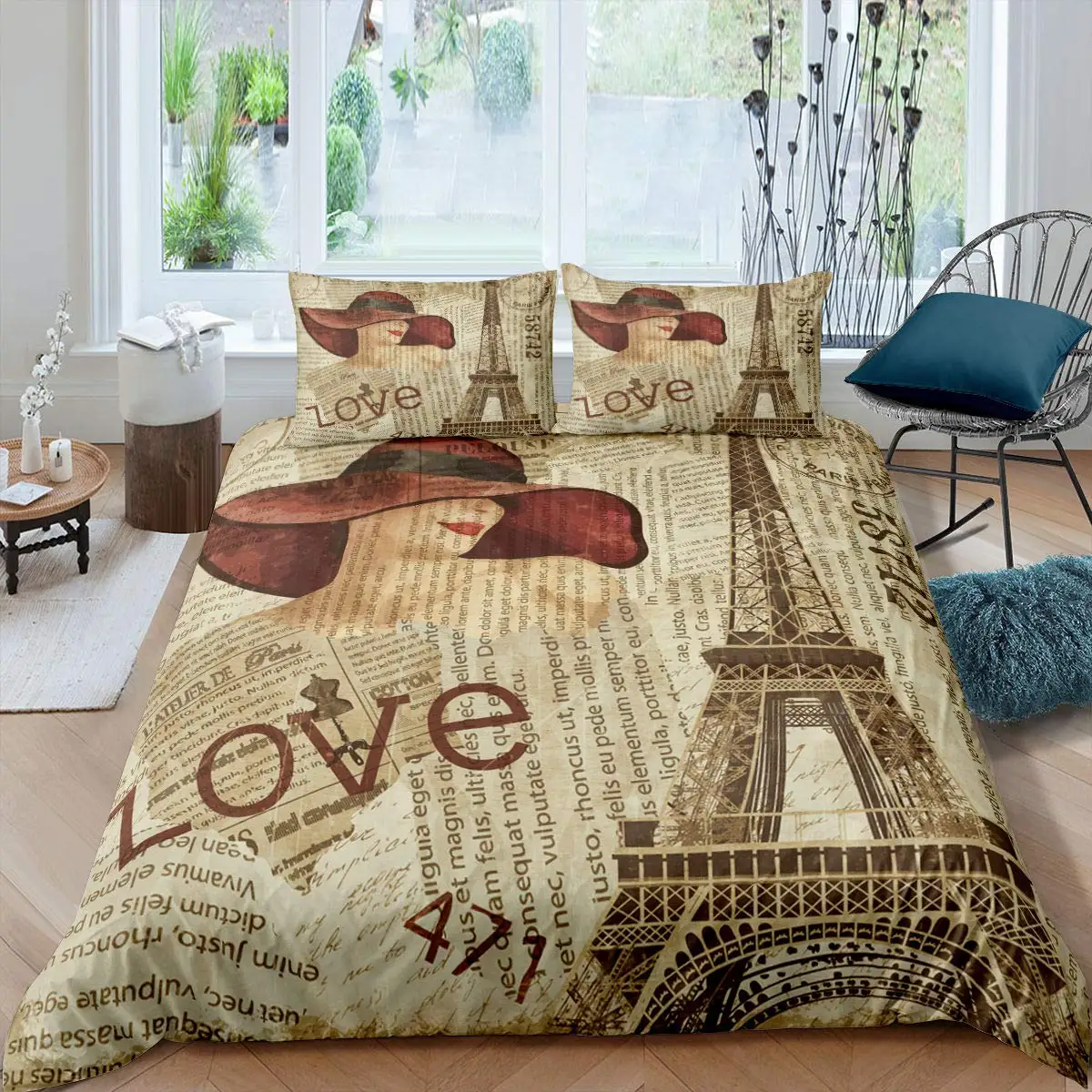 

Old Newspaper Duvet Cover Set Vintage French Bedding Set Brown Quilt Cover Polyester Comforter Cover for Kids Boys Girls Teens