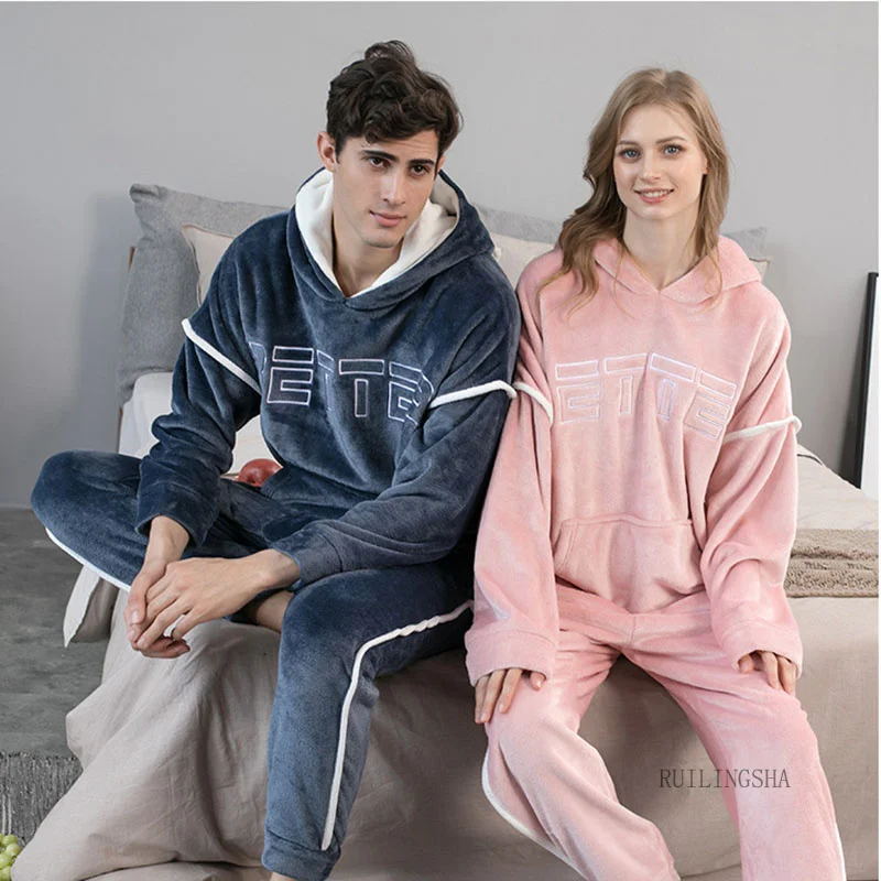 

2021 New ded Flannel Men's Pajama Pants 2 Pieces/Set Winter Tick Warm Sleepwear For Couples Casual Loose ome Costumes Set