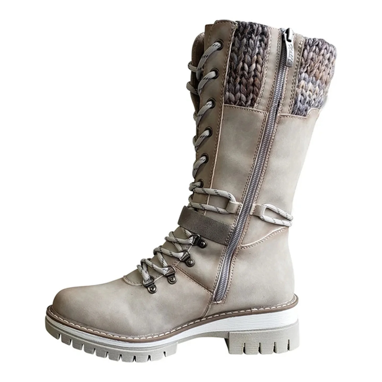 

Women Buckle Lace Knitted Mid-calf Boots Low Heel Round Toe Botas For Female Motorcycle Martin Booties Ladies Fashion Boots