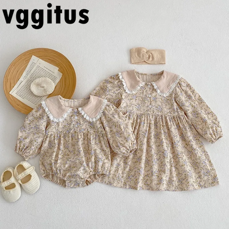 

Korean Style Family Matching Outfits Children Girl Floral Lace Turn-down Collar Bodysuit+Baby Dress Twins Sisters Clothing H6014