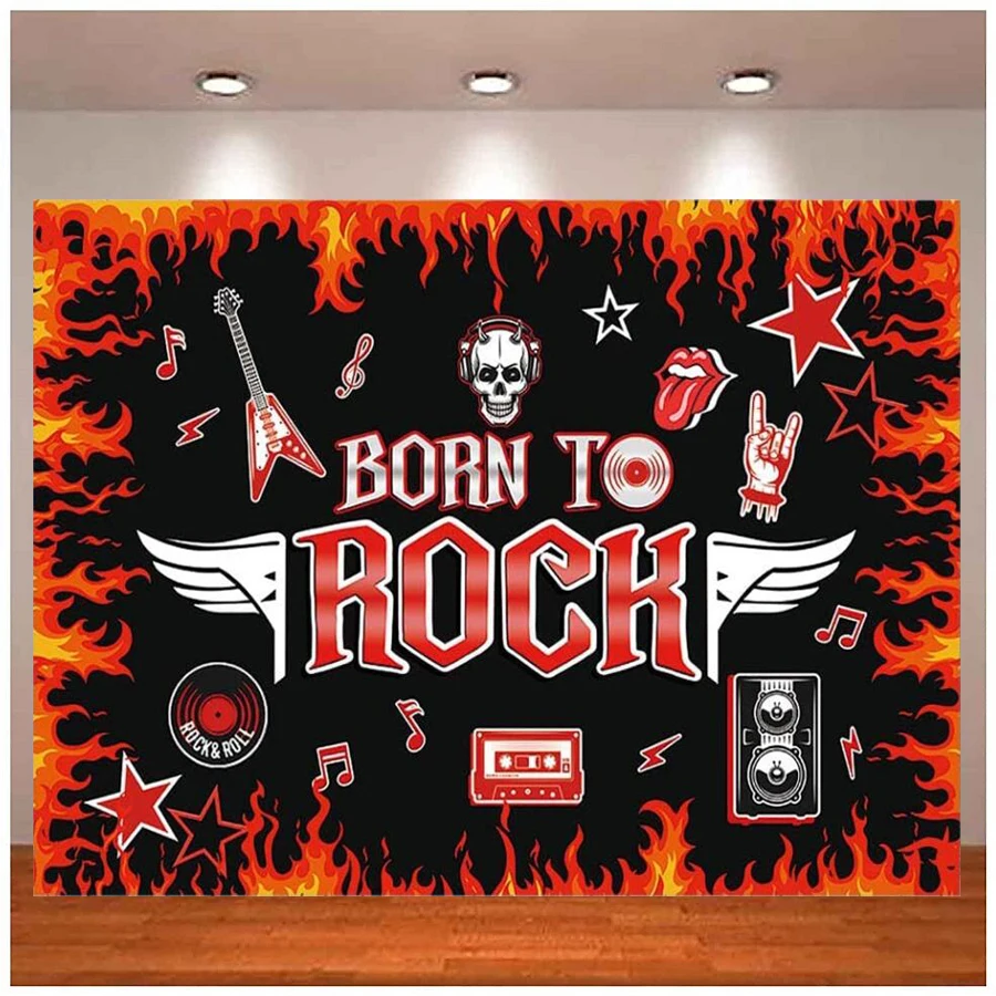 

Born To Rock Photography Backdrop 1950's Rock And Roll Birthday Party Decor Star Flame Guitar Skull Black Red Music Background