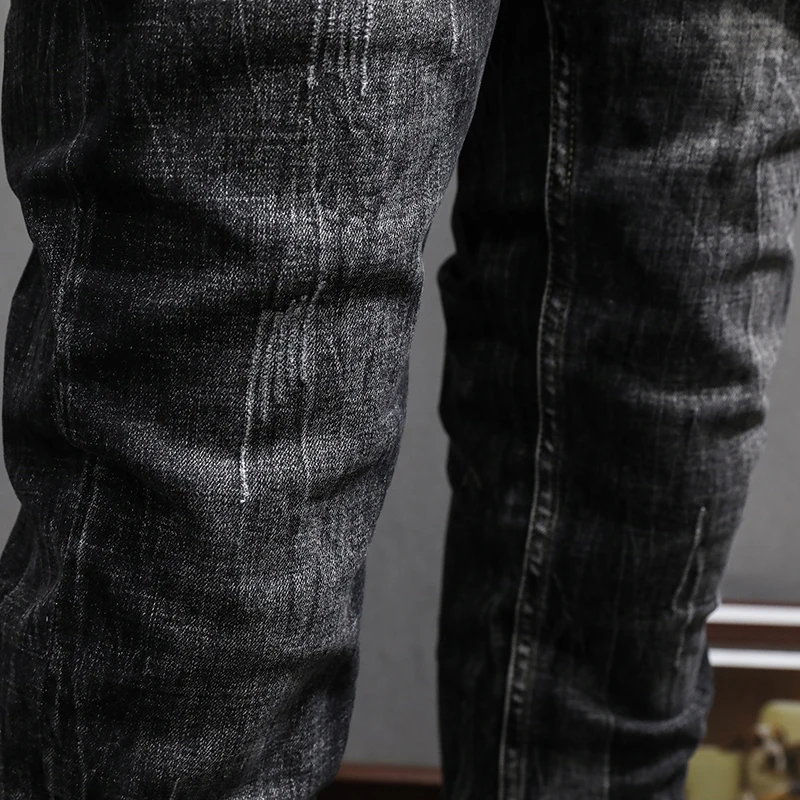 Fashion Vintage Trousers Men Jeans Retro Black Gray Elastic Stretch Slim Fit Ripped Jeans Men Casual Designer Denim Pants Hombre