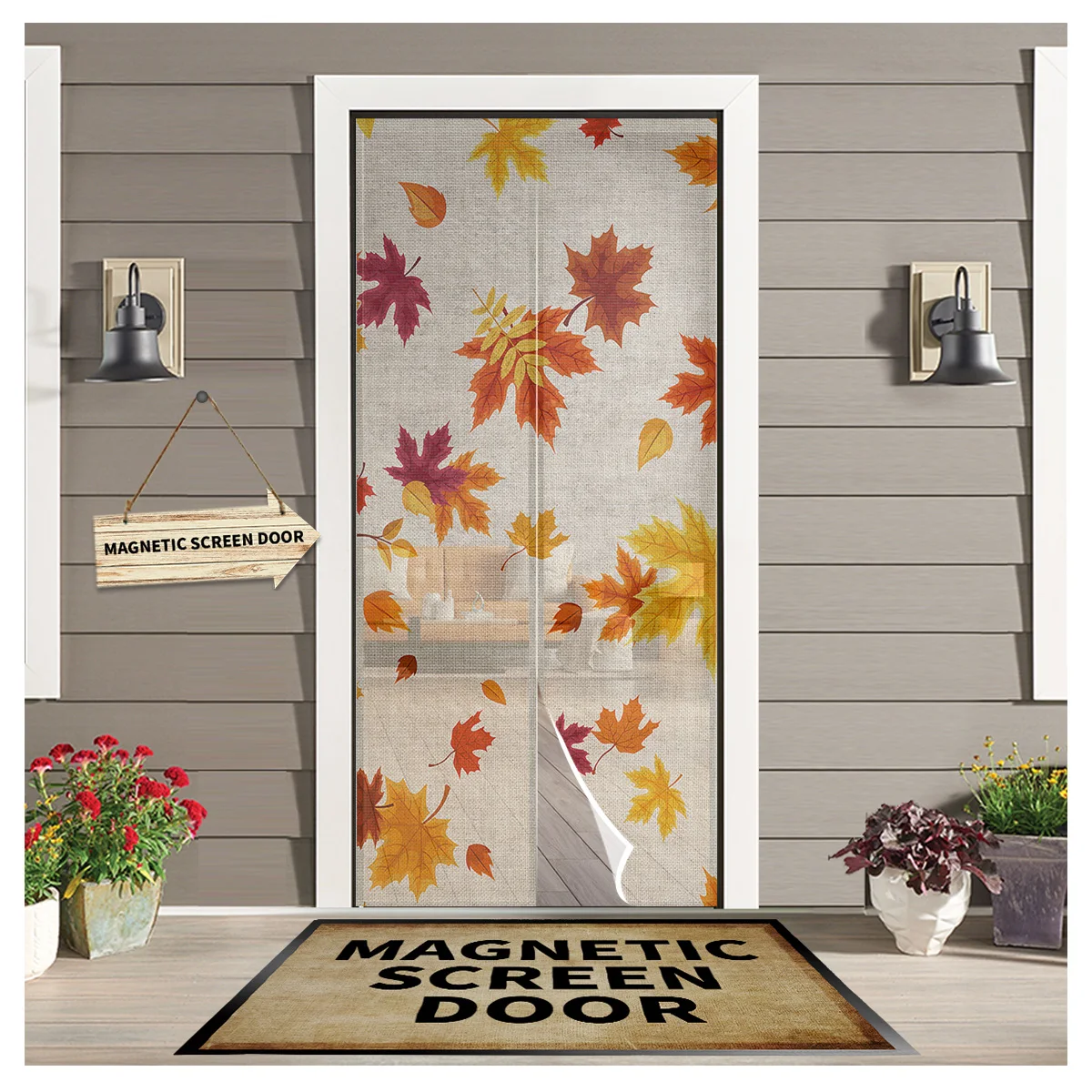 

Autumn Maple Leaves Sheer Door Curtain Mosquito-proof Kitchen Magnetic Hanging Curtains Window Screen Gauze Door Curtain
