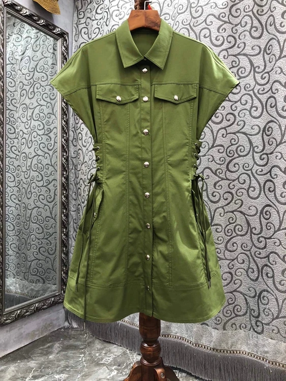 

2022 new women fashion short-sleeved lapel side tie waist simple dress 614