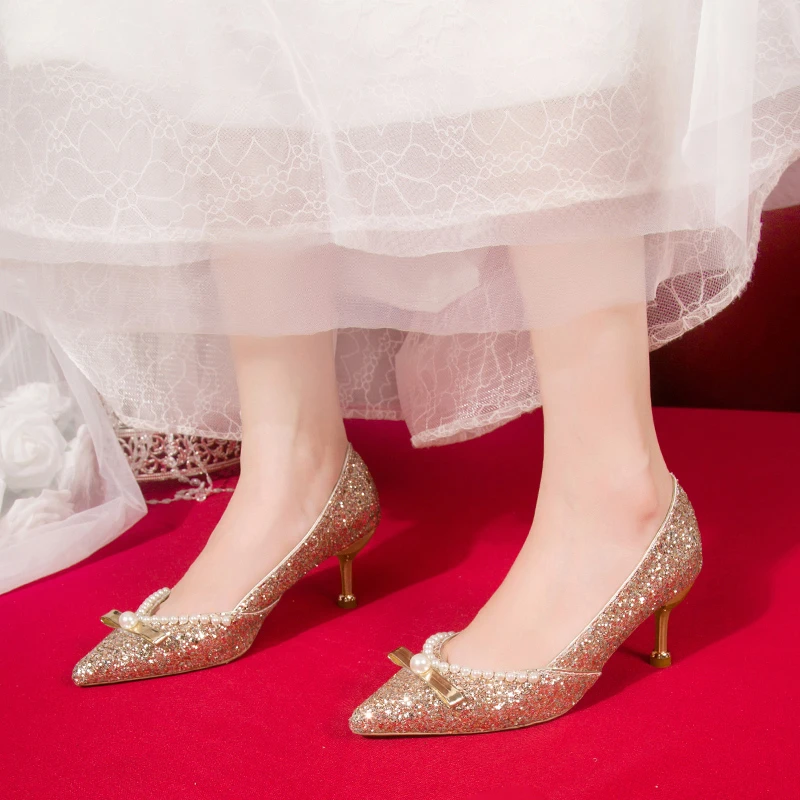 

New Pointed Stiletto Heel Sequin Pearl Shallow Mouth Bow Decoration Fashion Women's Shoes Sexy Elegant Wedding Party High Heels