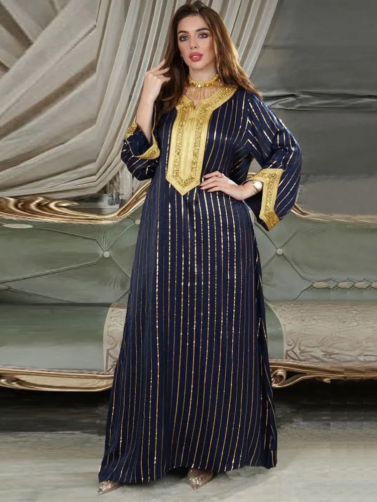 Golden Trim Abaya Arabian Evening Dress Women Gold Stamping Moroccan Muslim Party Kaftan Dubai Gulf Jalabiya Eid Ramadan Gowns
