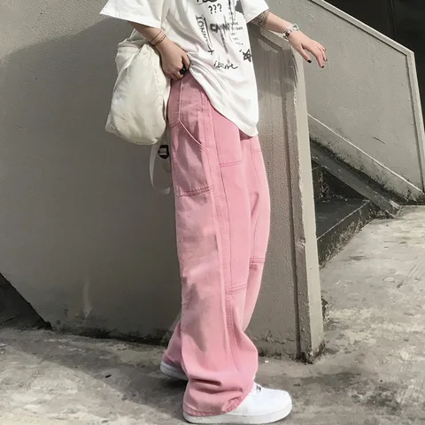 Pink Jeans for Women Punk Hippie Streetwear Wide Leg Trouser Harajuku Academic Denim Pants Vintage Full Length Streetwear