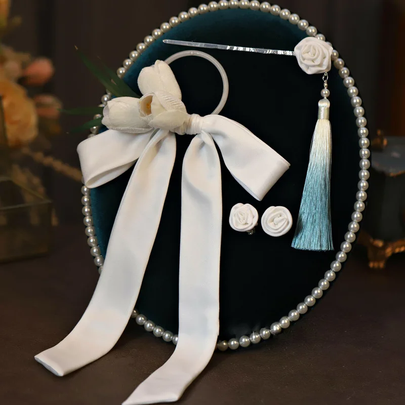 

New Chinese white tulip bow satin flower hair wear bridal antique cheongsam tassels hairpins wedding