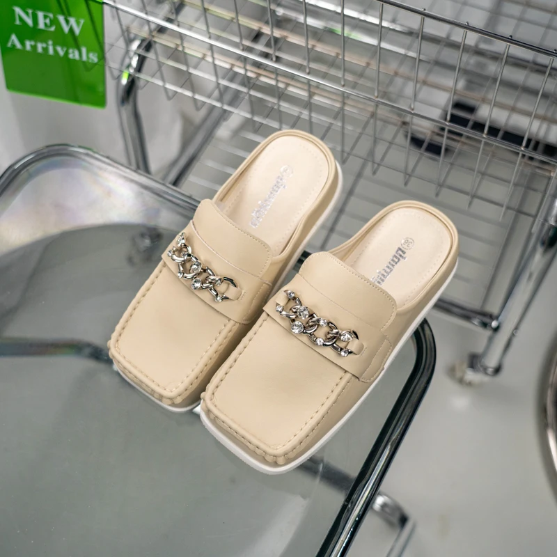 

2022 New Chain Mules Women Slides Square Toe Ladies Striped Shoes Casual Slippers Flat Outside Women Half Slippers Zapatos Mujer
