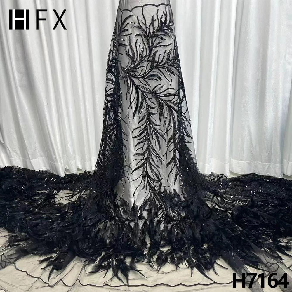 

HFX Fashion African Sequins Lace Fabric with 3D Feather High Quality Wedding Dress beaded Lace Evening Dress Lace Fabric H7164