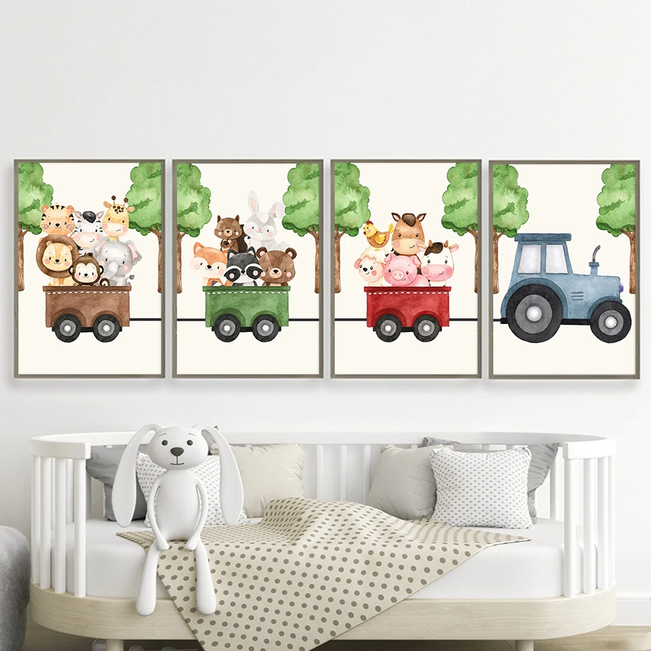 

Nursery Posters Prints Cartoon Forest Farm Animal Train Lion Tiger Zebra Art Canvas Painting Wall Pictures For Kids Room Decor