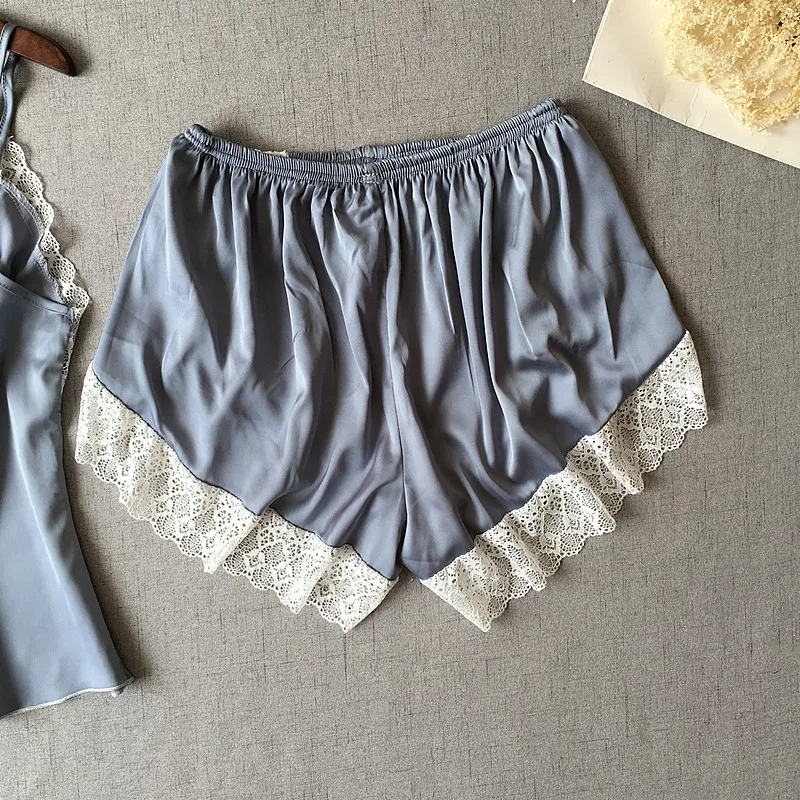 Women's Sleepwear 2 Pcs Sets Tops+Shorts Sexy White Lace Crossed Satin Sleeveless V-neck Pyjama Sets