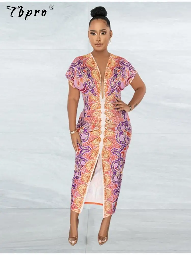 

Women Print Split Pleated Dress Sexy Sexy Deep V Neck Short Sleeve Bodycon Wrap Hips Dresses Summer Beach Lady Slim Vestidos