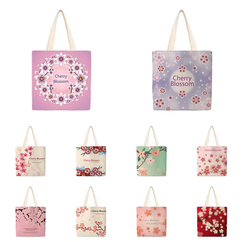 

Cherry Blossom Peach Floral printed Handbags Cotton Rope Travel Beach Women Tote Linen Shoulder Bags Reusable Shopping Bag DZ554