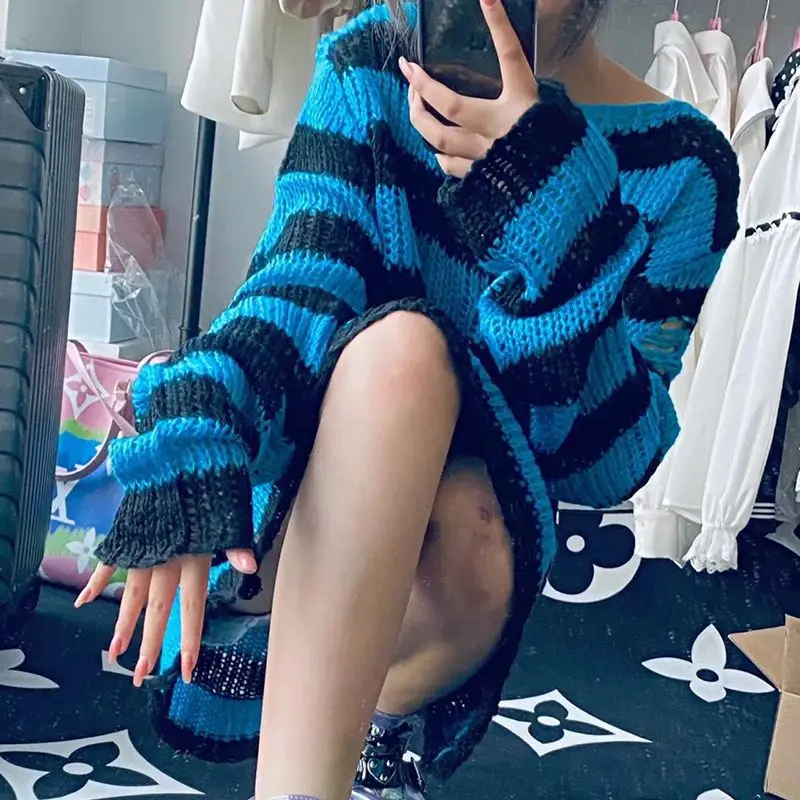 New High-quality Korean Version Women's Ripped Sweater Female Couple Stripe Loose Hollow Out Y2k Top Long Sleeve Pullover