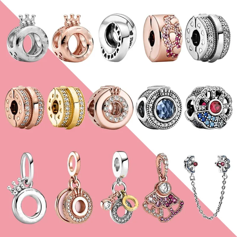 

2022 Suitable For Original Pandora Bracelet Necklace S925 Sterling Silver Pink Blue Fan Pendant Crown Charm Woman Diy Jewelry