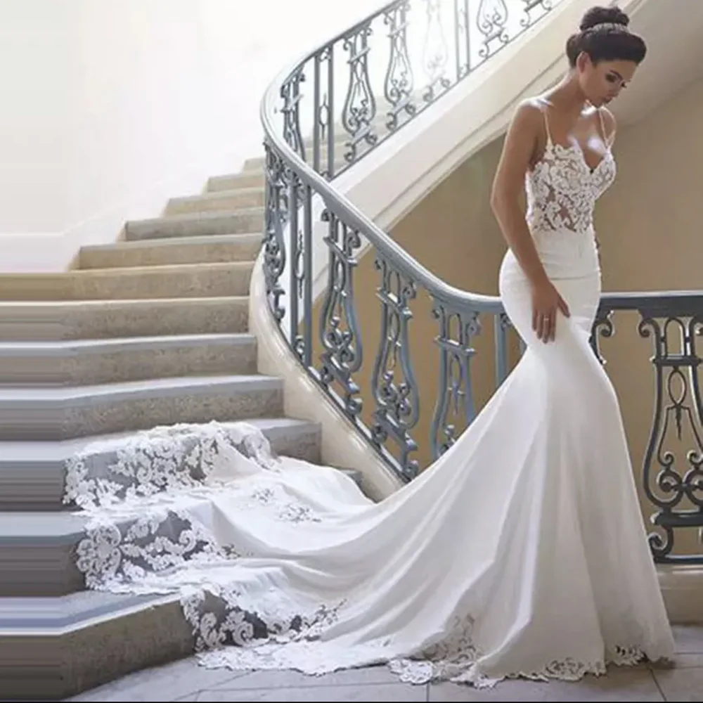 

Sexy Spaghetti Straps Wedding Dress 2022 Sweetheart Beach Mermaid Bridal Gown With Lace Appliques Sweep Train Vestidos De Novia