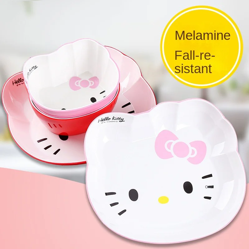 

Sanrios Hello Kitty Dishes School Set Anime Cartoon Bowl Kawaii My Melody Spoon Plate Combination Tableware Household Cute Gift