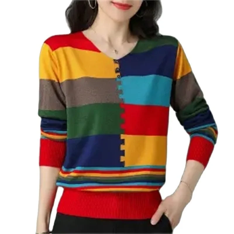 

Clearance Pick Up Leaks Foreign Trade Women Long-Sleeved Color-Blocking Thin Pullover Sweater Female Knitting Loose Top Pullover
