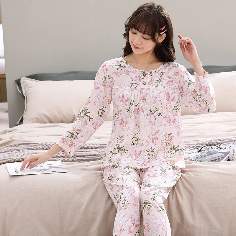 Cotton Silk Long-sleeved Printed Pajamas Women's Home Service Summer Long-sleeved Cotton Suit Sleepwear Women