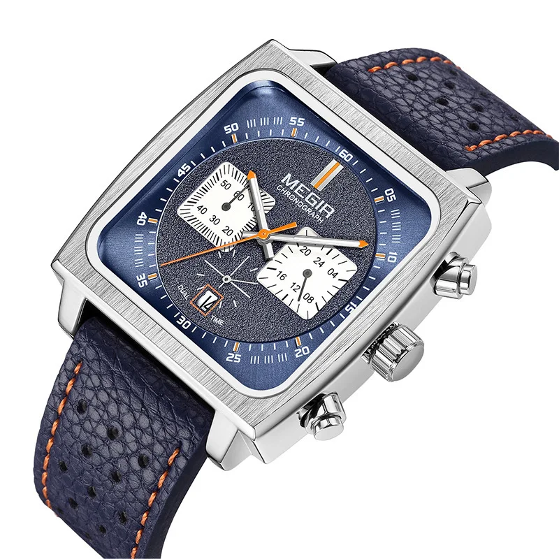 

Fashion Multifunctional Auto-date Luminous Pointer Waterproof Watch Mens Square Dial Leather Strap Quartz Wristwatch