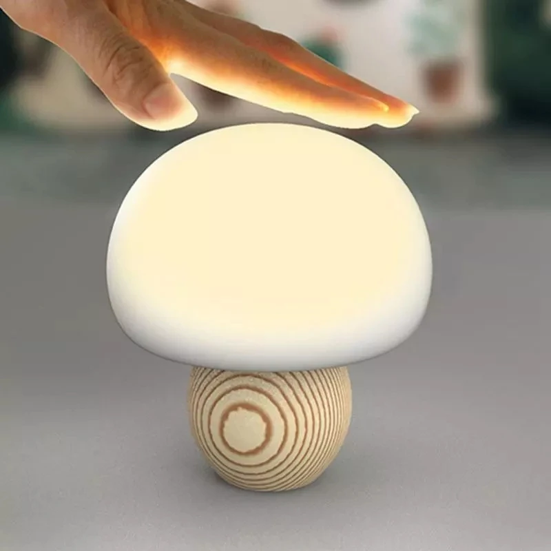 

Bedroom Brightness Adjustable Mushroom Pat Switch Wooden Base Timing LED Night Light For Children's Gift Silicone LED Night Lamp