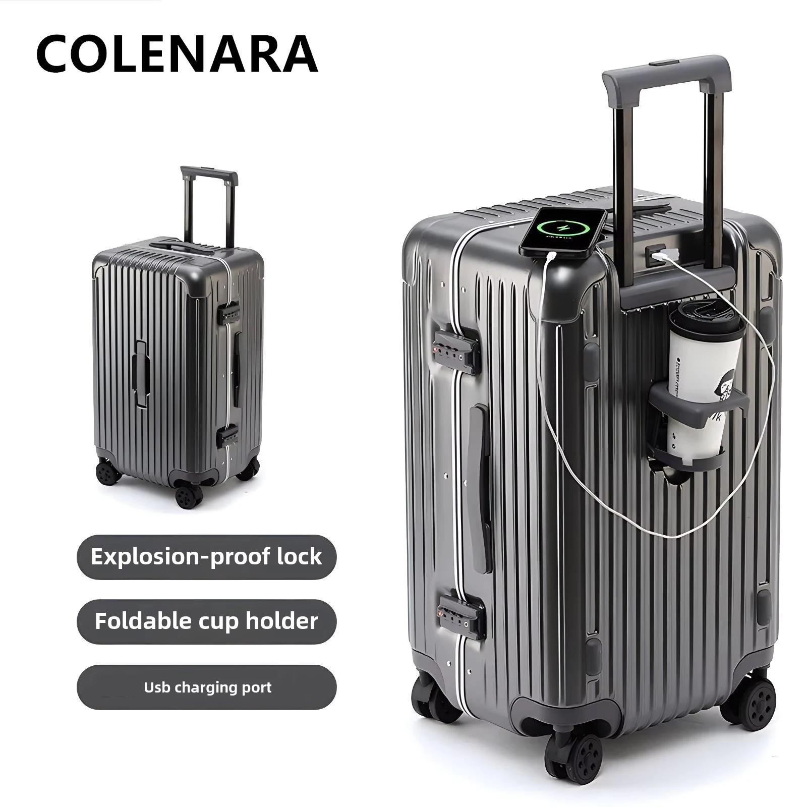 Фото Многофункциональный чемодан COLENARA 20 дюймов, 22 дюйма, 24 дюйма, 26 дюймов, USB-зарядка, посадочный ящик, большая вместительная тележка, универсальный чемодан на колесиках №5