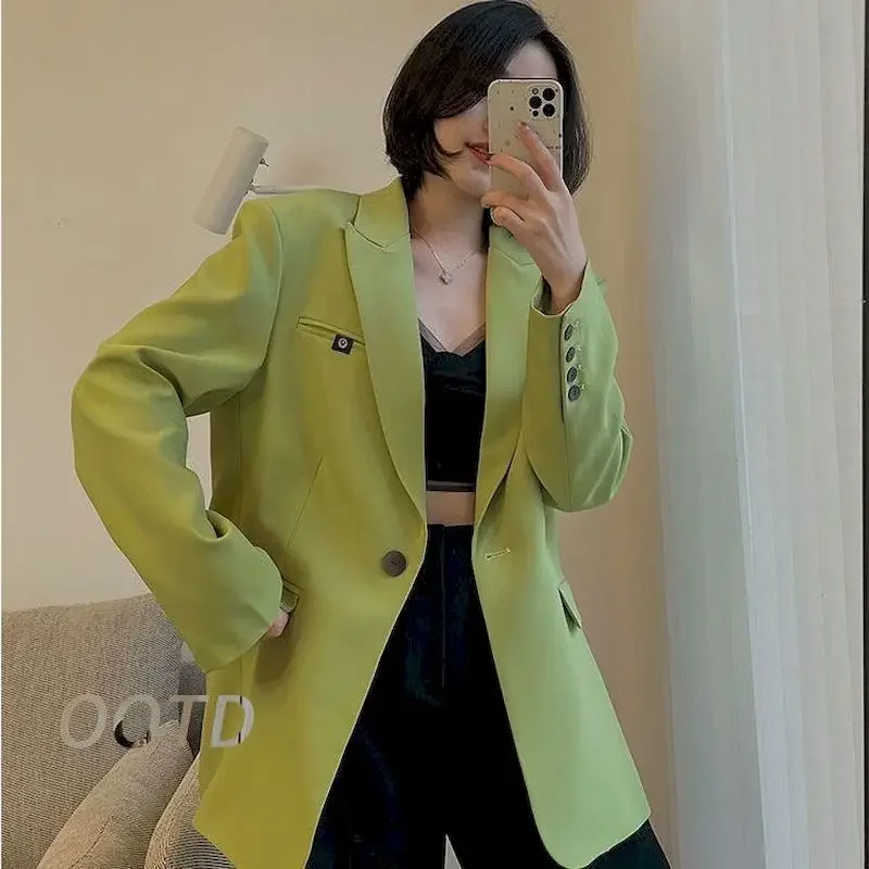 

UNXX Women Fashion Single Buckle Loose Green Blazer Coat Vintage Long Sleeve Flap Pockets Female Outerwear Chic Femme Coats