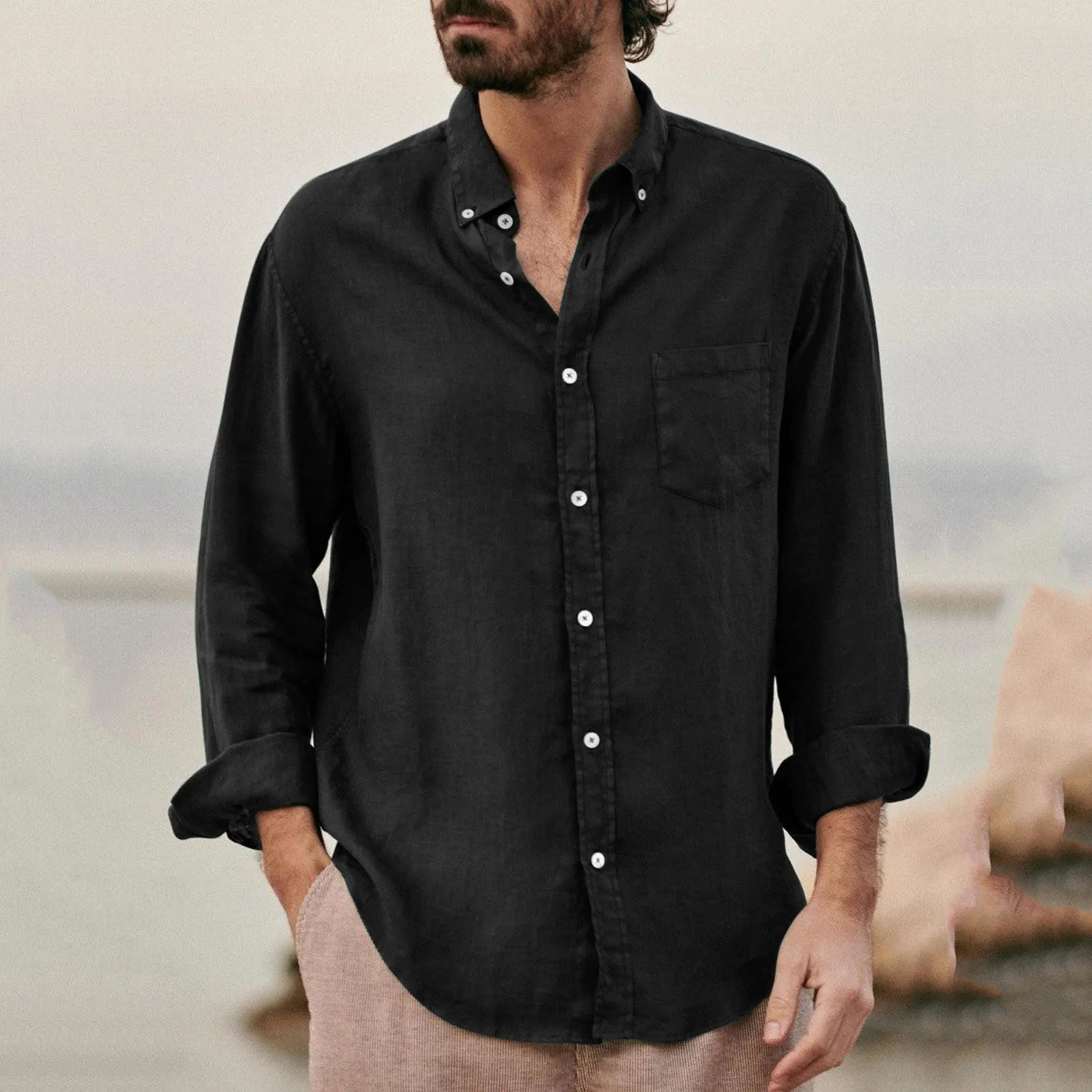 

Solid color casual lapel cardigan cotton linen loose casual retro men's shirt