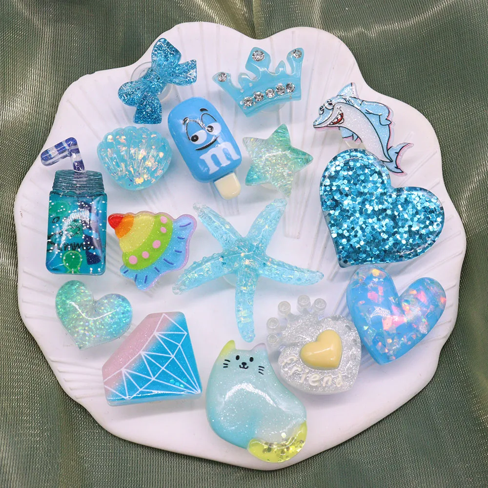 1-15pcs Resin Crown Heart Shell Cat Blue Series Shoe Decorations Boys Cool Shoes Buckle Fit Croc Jibz Charm Birthday Gift